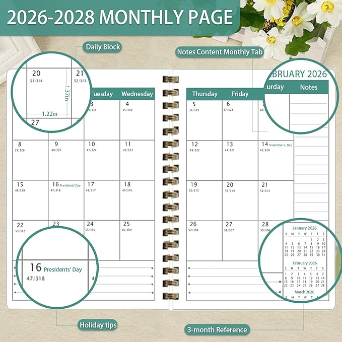 2026-2028 Planner, Three-Year Planner, Daily Plan and Monthly Plan Book, Bound with Iron Circle, A5 (8.26 "x 5.9") (Green)
