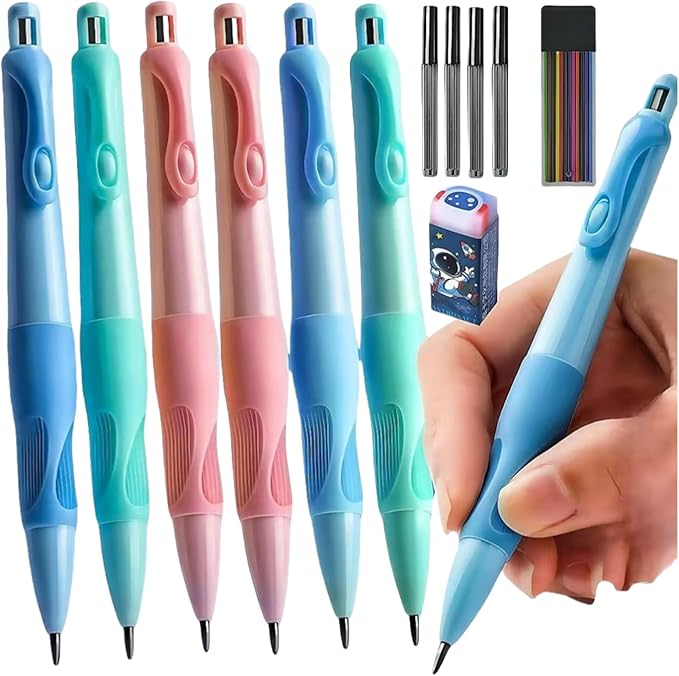 Handwriting thick mechanical pencils with grip: 2.0MM HB Pencil for kids with 14 leads (6 pack red)