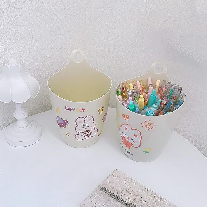 Wall Mount Pen Holder with Hanging Hook Remote Large Waste Basket Office Desk Management Organizer for Students Pen Cup Organizer Holder for Desk Unique White Cute Pink