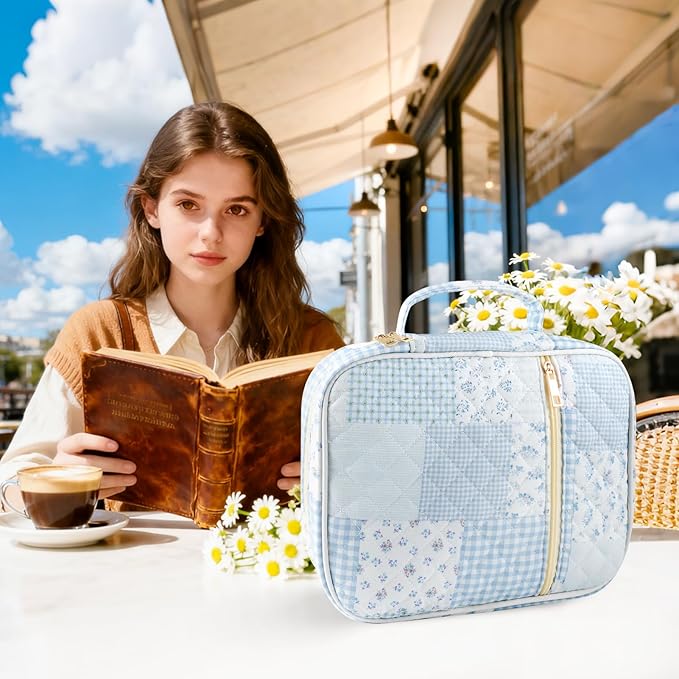 Zkptops Bible Cover Case for Women Large Bible Bag Cotton Quilted Bible Carrying Case with Zipper Pocket and Handle Carrying Book Cover for Christian Study Supplies Christian Gift(Blue Checkered)