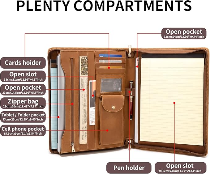 YIWEN Handmade Leather Portfolio, Zippered Padfolio Organizer Case, 8.5 x 11" Notepad Holder and 13" Tablet Folio, Professional Business Travel Gift for Women and Men (Brown, Crazy Horse Leather)
