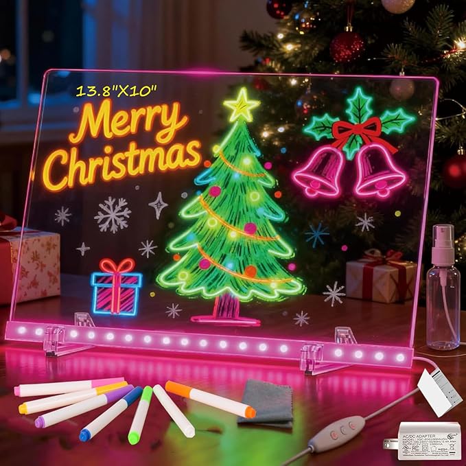 LED Note Board with Colors, 13.8"X10" 4 Modes & 7 Colors Rewritable LED Acrylic Drawing Board, Holiday Trend Gift, for Schools, Home Offices