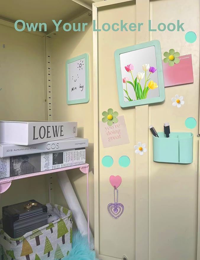 Green Locker Accessories Kit for Girls, 14PCS Back to School Supplies Includes Magnetic Whiteboard, Mirror, Pen Holder, Markers, Magnets, Locker Organizer & Decorations for School Locker Home Office