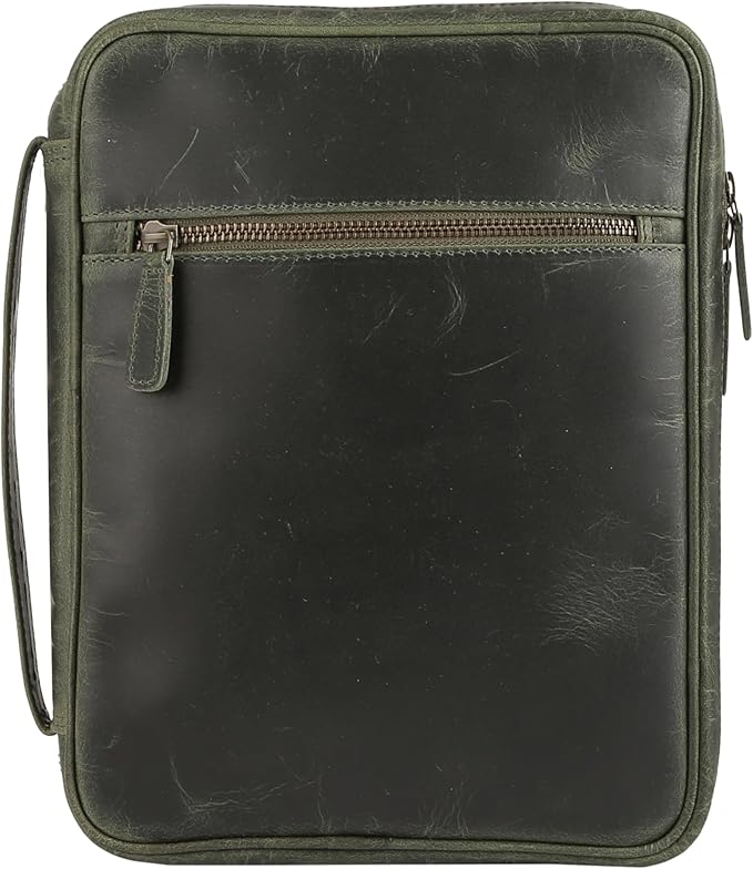 Leather Bible Cover for Men & Women – Zippered Bible Case with Handle, Note & Pen Organizer – Fits Large Study Bible – 11.5x8.5 Inch (Green)