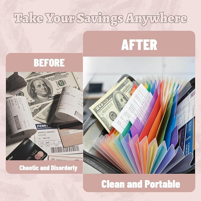 Portable Receipt Organizer & Coupon Holder, 12 Pockets Accordion Expanding File with Adjustable Wrist Strap, Zipper Closure Budget Organizer for Bills & Expense Tracking