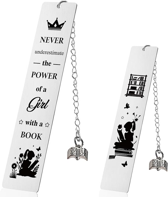 Inspirational Bookmark Gifts for Girls Women - Never Underestimate The Power of a Girl with a Book, Gift for Book Lovers Teachers Friends Readers Students Graduation Birthday Christmas (Silver)