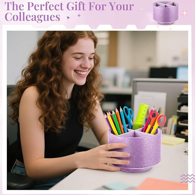 Epakh PU Leather Glitter Pen Holder 360 Degree Spinning Purple Bling Pencil Cup Gift for Teacher Women Girls Makeup Brush Organizer Cup Desk Office Classroom Home Back to School Festival (6 Inch)