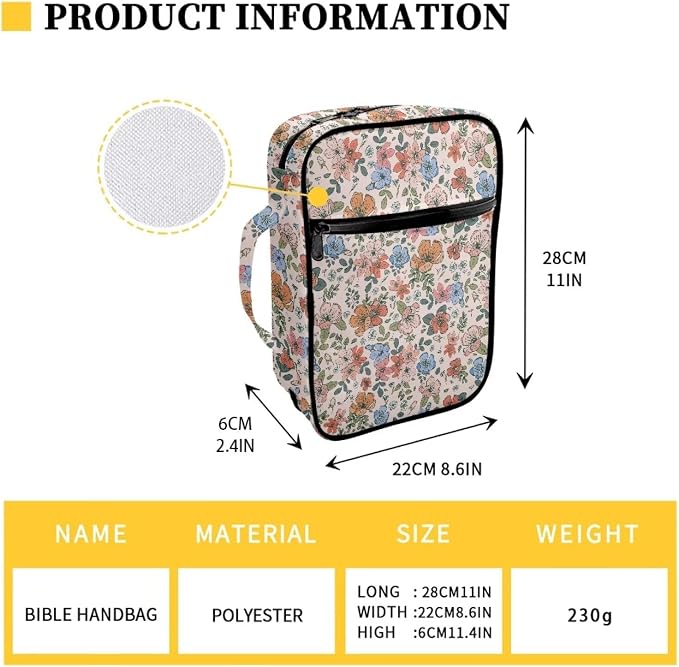 Coldinair Vintage Floral Print Bible Cover for Women Church Bag Bible Organizer and Carrying Case for Large Bibles Flowers Bible Carrying Case for Women, Bible Tote Bag