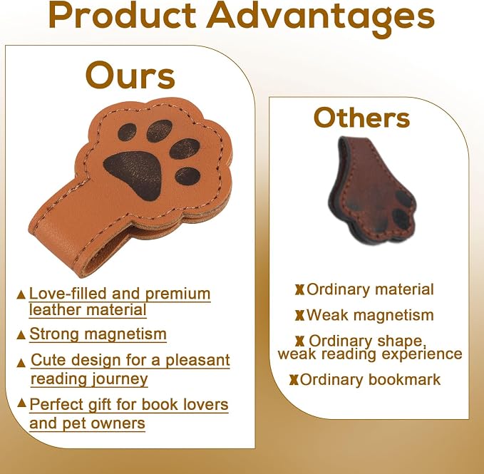 3pcs Dog Paw Magnetic Bookmarks, Cute Paw Shape Leather Magnet Bookmark Vintage Magnetic Book Marks Book Accessories for Reading Gift for Book Lover Readers Men Women (3 Colors)