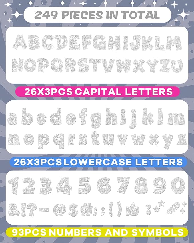 249 Pcs Glitter Bulletin Board Letters Numbers and Punctuation, 4 Inch Alphabet Poster Board Cardboard Letter Cutouts with Adhesive Dots for Classroom Bulletin Board School Decorations (Sliver)