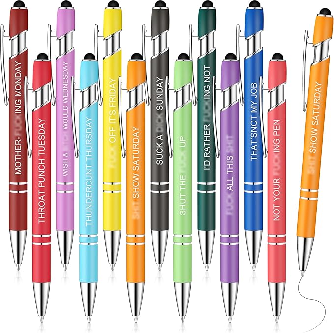 Zonon 12 Pcs Inspirational Pens Gift Set Funny Ballpoint Pen with Stylus Tip Motivational Graduation Gifts Bulk for Teacher Coworkers Nurse School Office Supplies(Fancy Color,Funny Week)