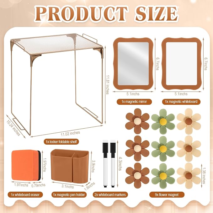 Colarr 16 Pcs Brown Locker Accessories for Girls Includes Magnetic Whiteboard & Mirror Locker Shelf Pen Holder 2 Dry Erase Marker & Eraser 9 Flowers for Back to School Essentials Decoration