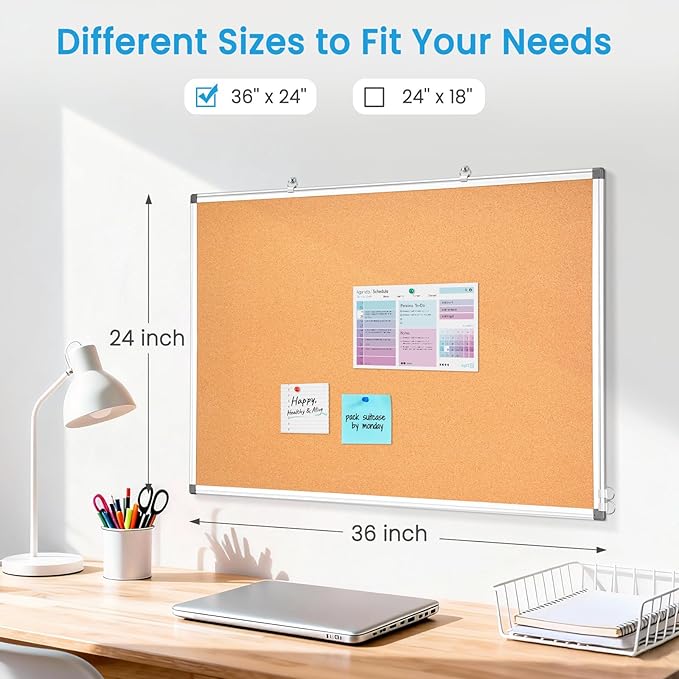 Double-Sided Cork Bulletin Board for Wall, WALGLASS 36" x 24" Hanging Wall Mounted Notice Board, Pin Display Vision Cork Board, Aluminium Framed Large Message Corkboard for Office, Home, School