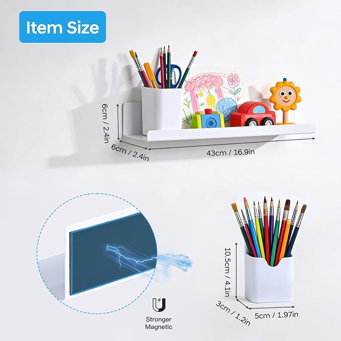 2 Pack 17" Metal Magnetic Bookshelf for Whiteboard, Strong Reusable Magnetic Display Shelf, Holds up to 12 lbs, Storage Organizer for Classroom, Kids Room, Office, Kitchen & Garage