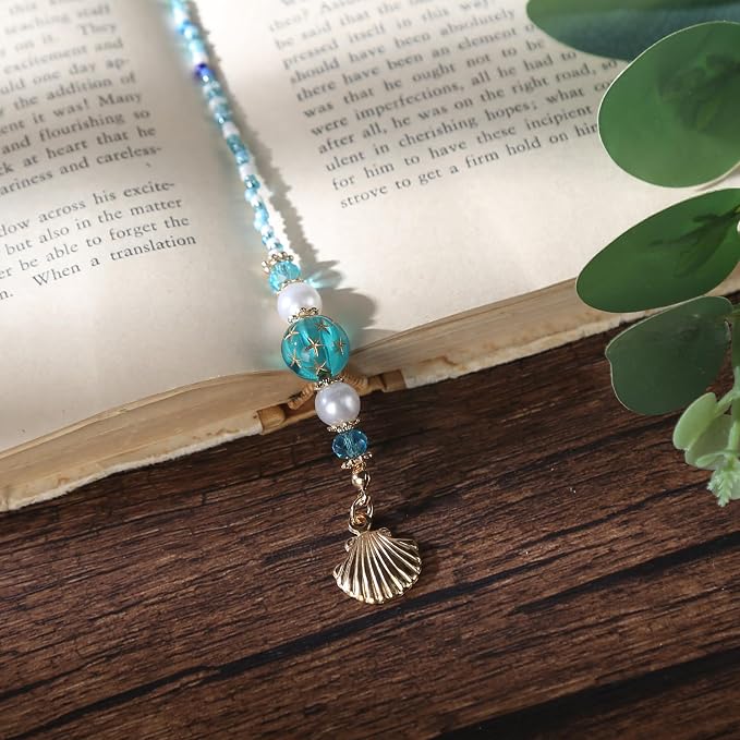 Seashell Starfish Beaded Bookmark - Ocean Blue Beads Book Mark for Women, Unique Coastal Aesthetic Accessories Bookish Gifts for Booklovers Students Teachers