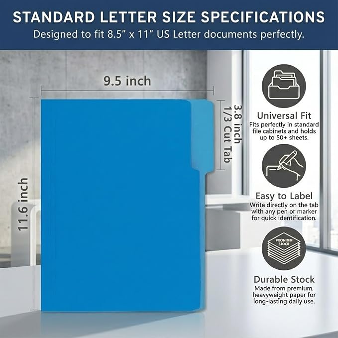 VZCPYTPM 150 Pack Blue File Folders,Letter Size (8.5x11 in),1/3-Cut Tabs in Assorted Positions,Cardstock Paper Folders for Office,School & Home Filing Cabinet Organization, Bulk Document Folders