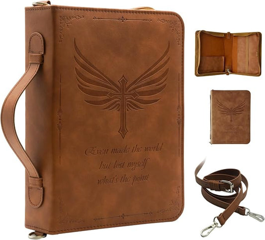 Bible Cover,Bible Cover Case for Women,Men&Children with Detachable Shoulder Strap,Handle for Bible and Other Book Accessories,Christian Art Gifts,PU Leather, Church Bag,Brown
