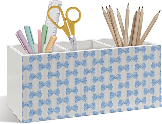 Blue Coquette Bow Pen Pencil Holder, Cute Bow Classroom Decor, Preppy Coquette Aesthetic Wooden Pen Pencil Organizer for Girly Girls Room College Dorm Bedroom Playroom Office Desk Decor