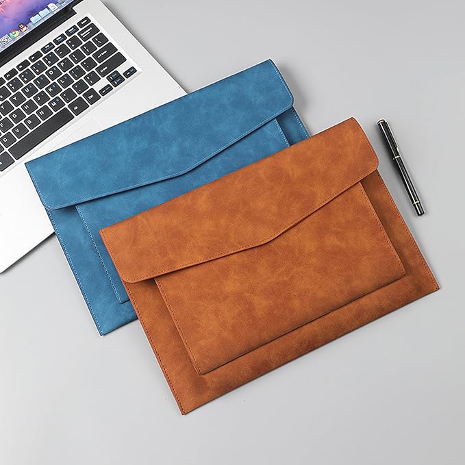 PU Leather A4 File Folder Document Holder with 2 Compartments Envelope Folder Case with Snap Closure for Receipt Contract (Brown)