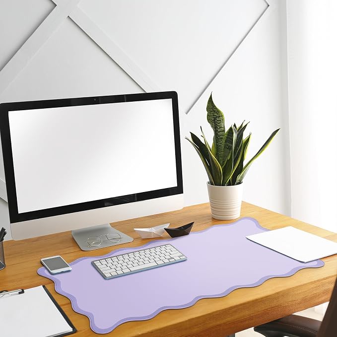 Hahafelt Scalloped Desk Mat Large Desk Pad Cute Coquette Table Mat Back to School Preppy Table Make up Pad Nonslip Graduation Gift with Stitching Waterproof Gaming(Purple,31.5 x 15.8 Inches)