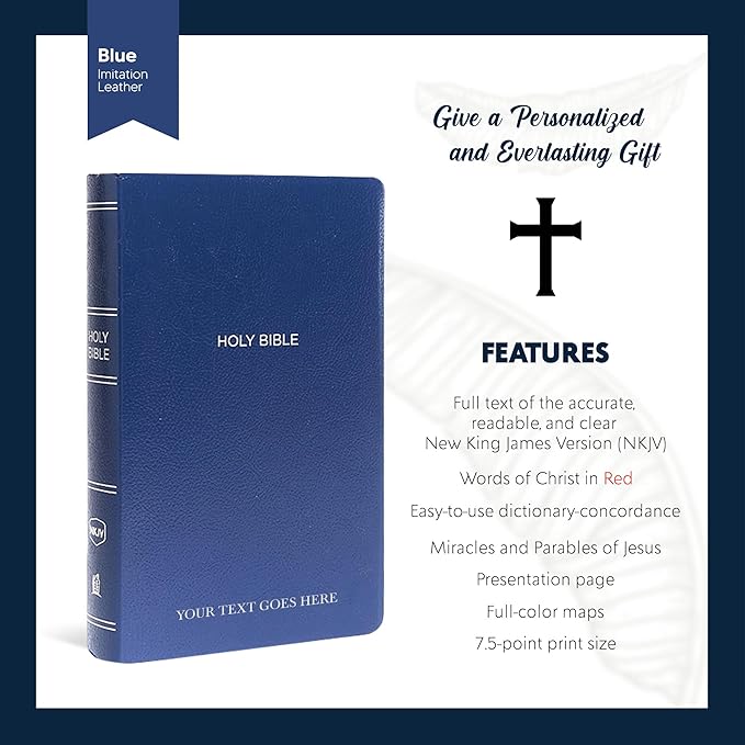 Personalized NKJV Bible New King James Version Faux Leather Holy Bible Small Print Economy Bible with Custom Name at The Lower Right Side, Custom Gift for Christian & Religious Celebrations (Blue)