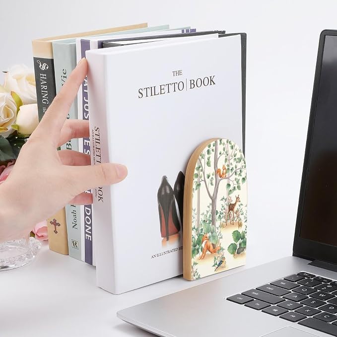 Book Ends Bookends for Shelves to Hold Books Woodland Animals Boho Art Print Small Non-Slip Book Stoppers Wood Decorative Home Office Desk