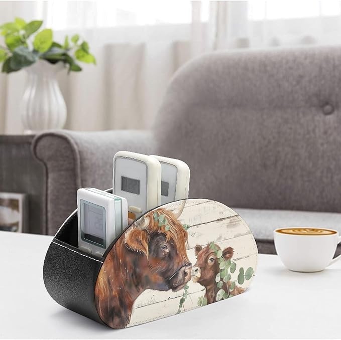 Highland Cow Farmhouse Remote Control Holder Remote Organizer Storage Box for Multi-Media Controllers with 5 Compartments for Cosmetics Office Supplies