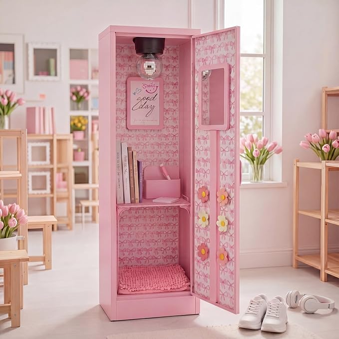 Pinkunn 17 Pcs Disco Ball Locker Accessories Include Locker Organizer Shelf Disco Ball Rug Magnetic Mirror Whiteboard Pen Holder Flower Magnets Marker for Back to School Essentials (Pink,Preppy)