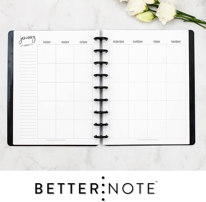 BetterNote Monthly Undated Calendar Refill for Disc Notebooks, Fits Levenger Circa, Happy Planner, Staples Arc, TUL, InkWell Press, IWP, MAMBI (9-Disc, 7"x9.25", Whimsy)