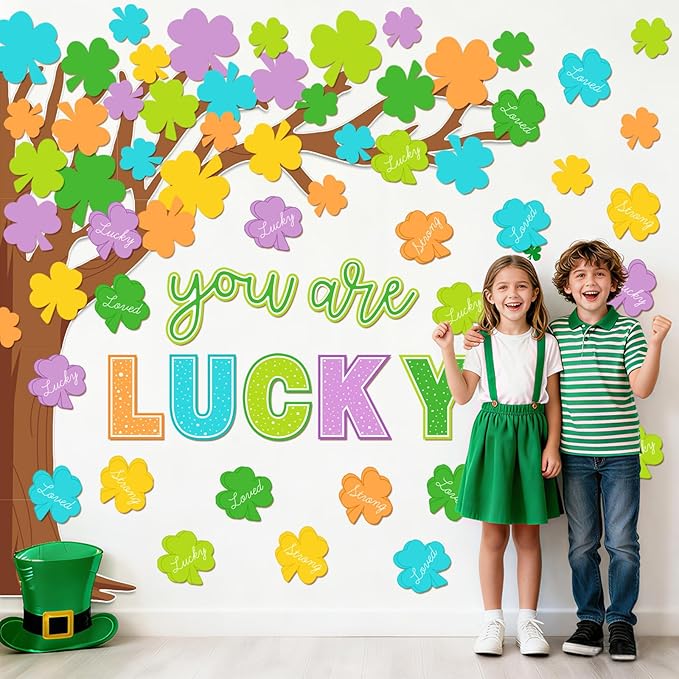 Whaline 99 Pcs St. Patrick's Day Tree Bulletin Board Decoration Colored Shamrock Clover Tree You are Lucky Charm Paper Cutouts with 200 Pcs Glue Points for Irish Party Classroom Wall Decor
