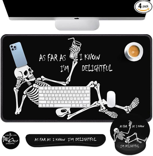 Britimes Black Skull Skeleton Keyboard Mouse Pad Set 4in1 Large Mousepad+Keyboard Wrist Rest+Mouse Wrist Rest+Coaster Set with Ergonomic Design for Home Office Computer 35.4x15.7 inches