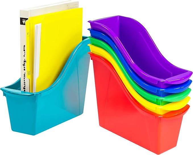 Storex Small Book Bin – Interlocking Plastic Organizer for Home, Office and Classroom, Assorted STEM, 6-Pack (70113A06C)