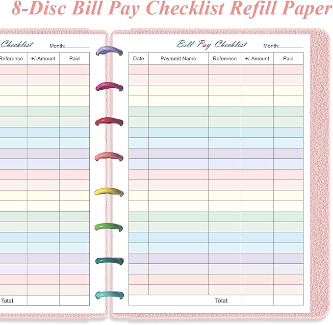 Junior Size Payment Checklist Refills - 50 Sheets/100 Pages Colorful Monthly Budget Forms for 8-Disc Discbound Planners, 100 gsm White Paper, 5.8" x 8.3"