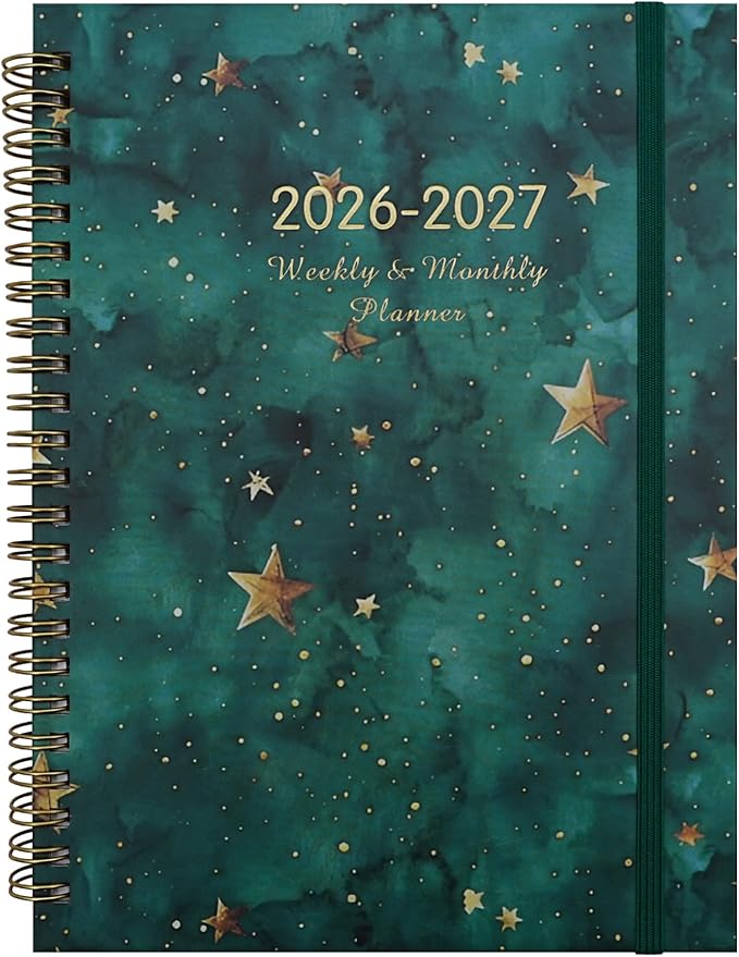 2026-2027 Planner, 12 Months Monthly & Weekly Daily Planner July 2026 - June 2027, 8.5" x 6.2" Hardcover Agenda Organizer with Tabs, Spiral Bound Calendar Notebook for School Work Home, Floral Design (Green & Stars)