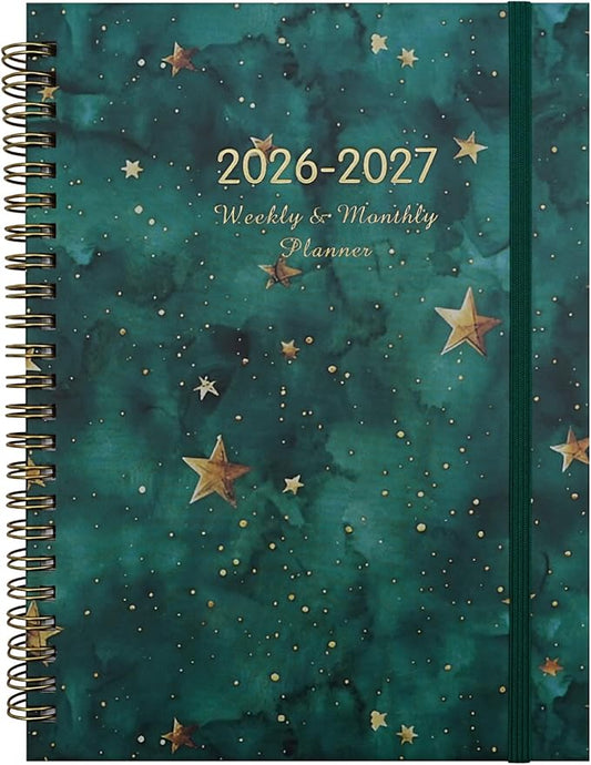 2026-2027 Planner, 12 Months Monthly & Weekly Daily Planner July 2026 - June 2027, 8.5" x 6.2" Hardcover Agenda Organizer with Tabs, Spiral Bound Calendar Notebook for School Work Home, Floral Design (Green & Stars)