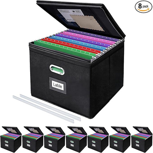 8 Pack File Organizer Boxes with Lids, Collapsible Document Storage Bin with Mesh Pockets & Zipper, Fits Letter/Legal Size Folders for Home Office Moving Classroom Organization (Black, No Folders)