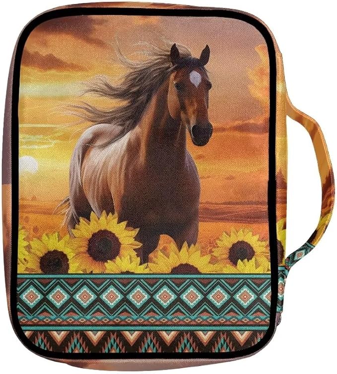 Coldinair Tribal Horse Bible Cover for Men Teen Kids Sunflower Bible Covers Case Case with Durable Handle Pocket and Zipper Bible Journal Case Nylon Bible Protector for Book Lovers