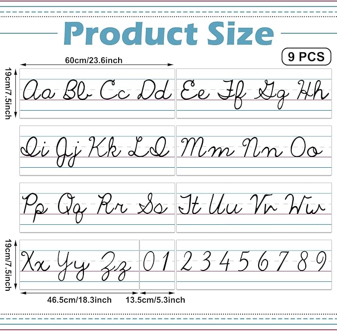 Set of 9 Cursive Writing Bulletin Board Cursive Alphabet Wall Strip for Teacher Supplies, Classroom Teaching Tool, Homeschooling, Kids Education(Simple)