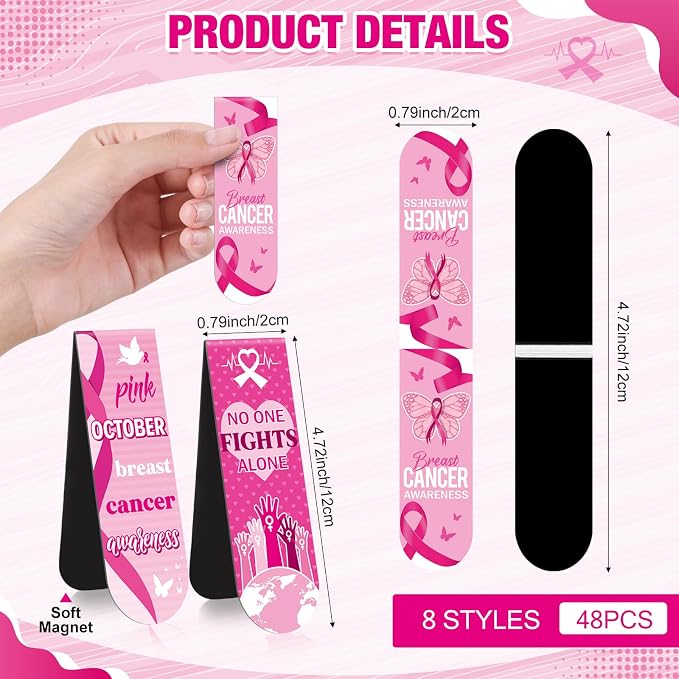 48 Pcs Breast Cancer Awareness Bulk Items Magnetic Bookmarks Pink Ribbon Accessories Book Marks Hope Butterfly Inspirational Gifts for Breast Cancer Charity Office Fundraiser Events Supplies