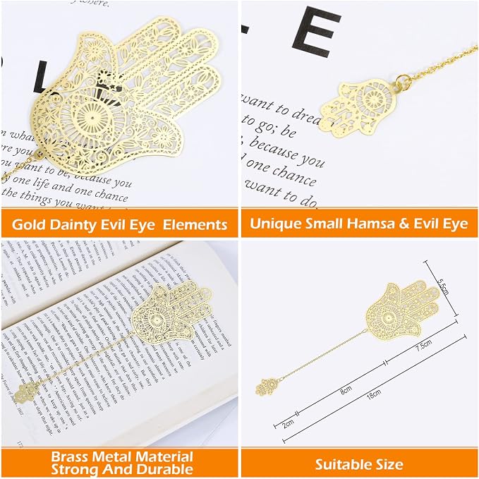 Metal Bookmarks with Chain, Golden Hollow Bookmark, Book Marks for Reading Women, Unique Evil Eye Book Mark, Hamsa Evil Eye Present for Book Lovers Writers Readers Back to School Gifts