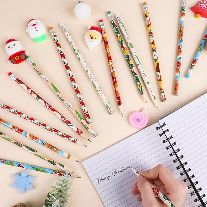 DIYASY Christmas Pencils for Kids Bulk, 50 Pcs Holiday Pencil with Erasers Xmas Wood Pencils Party Favor Supplies Classroom Rewards Prizes Stationery Decorations 10 Styles