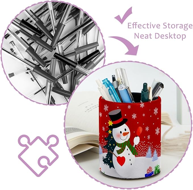 Christmas Snowman Snowflake Pen Holder Pencil Organizer Cute Pencil Cup Desk Decor Makeup Brush Holder PU Multifunctional Office Supplies for Home Classroom School