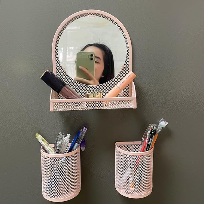 Svartur Locker Mirror Magnetic with 2 Magnetic Pen Holders, Pink Locker Accessories for Girls, Locker Organizer for Work, for School Locker Decor, Gym Locker, Fridge
