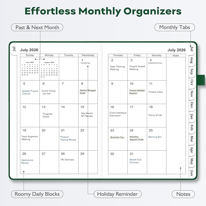 OMEYA Leather Academic Planner 2026-2027: A5 Green Business Weekly & Monthly Planner for Work, July 2026 – June 2027, 100gsm Thick Paper, Durable Stitched Binding, Tabs, Pen Loop, Pocket