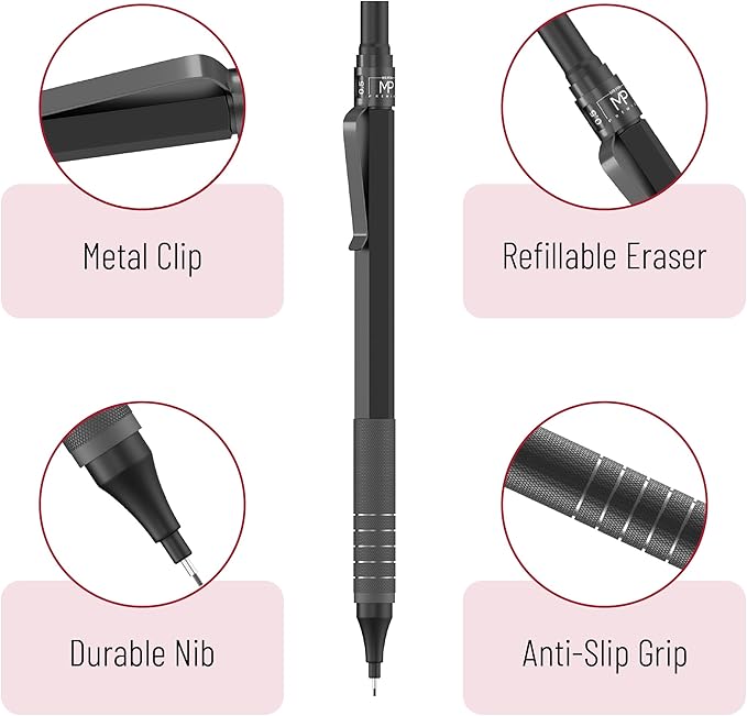 Mr. Pen- 0.5mm Metal Mechanical Pencil Set with Lead Refills & Erasers, 2 Pack, 2x Tubes Lead Refill, 2x Erasers, Red Faux Leather Pencil Case for School Supplies, Note Taking, Drawing, Sketching