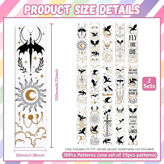 Peacoblue 30pcs UV DTF Bookmarks Transfer Stickers Wraps Magic and Dragons for Women Men Reading, Waterproof Bookmarkers Decal(No Blank Bookmarks) for Acrylic Plastic Metal Blank Bookmark