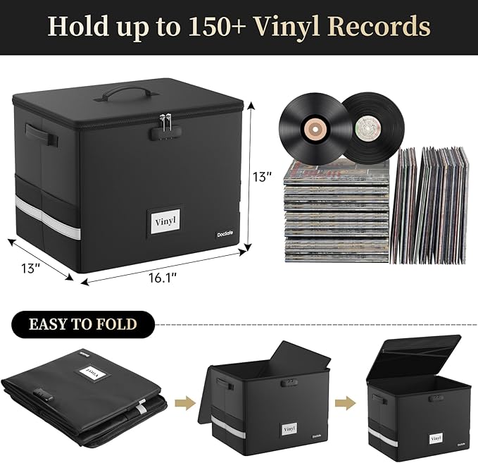 DocSafe Fireproof Vinyl Record Storage Box with Lock,Large Record Organizer Storage for 150+ Single Records,Collapsible Storage Crate with Lid&Handles for Valuable Album Collection,16.1''x13''x13''