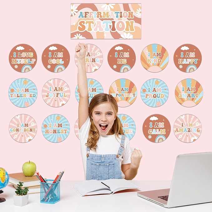 Naozinebi Hippie Affirmation Station Bulletin Board Set Groovy Positive Bulletin Board for Classroom Mirror Growth Mindset Decors Inspirational Motivational Accent Cutout for Home School Wall Supply