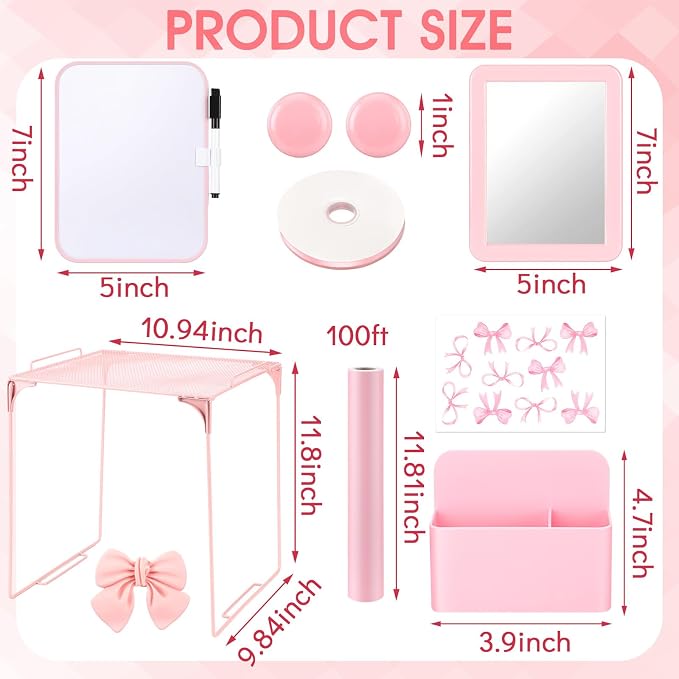 Watersay 115 Pcs Pink Locker Accessories Kit Foldable Locker Shelf Decorations for Girl Pink Bow Pen Holder Magnetic Mirror Coquette Stickers Background Whiteboard Ribbon Back to School Essentials