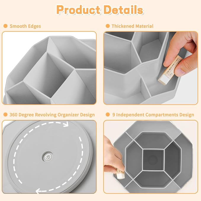 Cayxenful Pencil Pen Holder for Desk,9 Slots 360 Degree Rotating Desk Organizers,Desktop Storage Stationery Supplies Organizer, Cute Pencil Cup Pot For Office, School, Home(Grey)